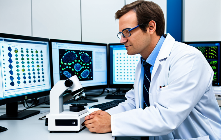 A diverse team of professional scientists, fully clothed in clean lab coats and safety glasses, meticulously working on advanced genetic research in a brightly lit, modern gene therapy laboratory. One scientist holds a detailed DNA helix model, while another examines a high-tech microscope displaying cellular structures. The background features sophisticated sequencing machines and digital displays with genetic data. The scene conveys innovation and precision in biomedical science. safe for work, appropriate content, fully clothed, professional, perfect anatomy, correct proportions, natural pose, well-formed hands, proper finger count, natural body proportions, professional photography, high quality.