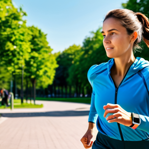 Home 7 **
A woman wearing a smartwatch, fully clothed in activewear, running outdoors in a park. The smartwatch displays health data like heart rate. Emphasize a bright, sunny day and a focus on well-being. Safe for work, appropriate content, professional, perfect anatomy, natural proportions, family-friendly.
**