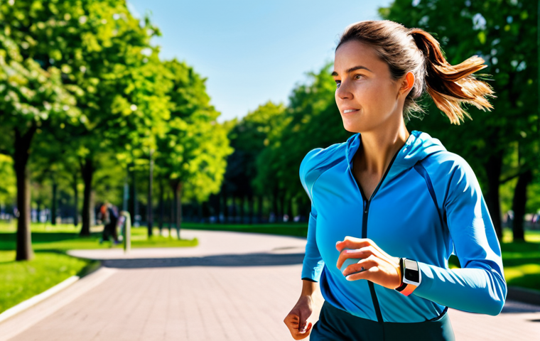**
A woman wearing a smartwatch, fully clothed in activewear, running outdoors in a park. The smartwatch displays health data like heart rate. Emphasize a bright, sunny day and a focus on well-being. Safe for work, appropriate content, professional, perfect anatomy, natural proportions, family-friendly.
**