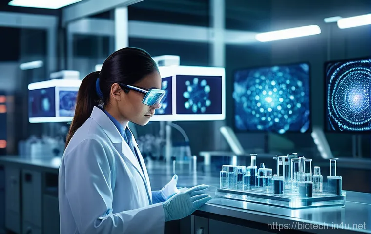 바이오 약물 전달 시스템 - **Futuristic Precision Medicine in a Lab:** A highly advanced, sterile medical laboratory at twiligh...