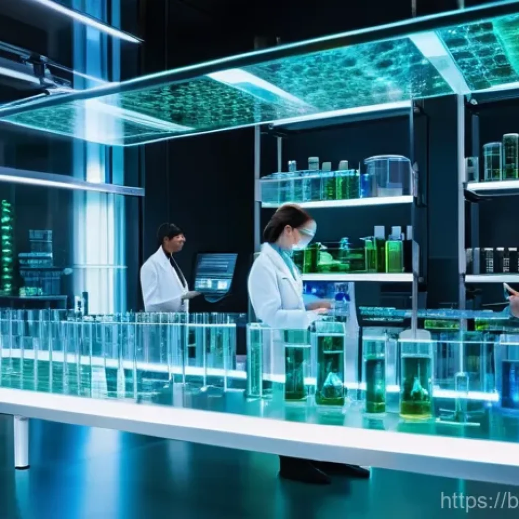 스마트 바이오 의약품 - **AI-Powered Drug Discovery Lab:** A high-tech, futuristic laboratory setting. In the foreground, a ...