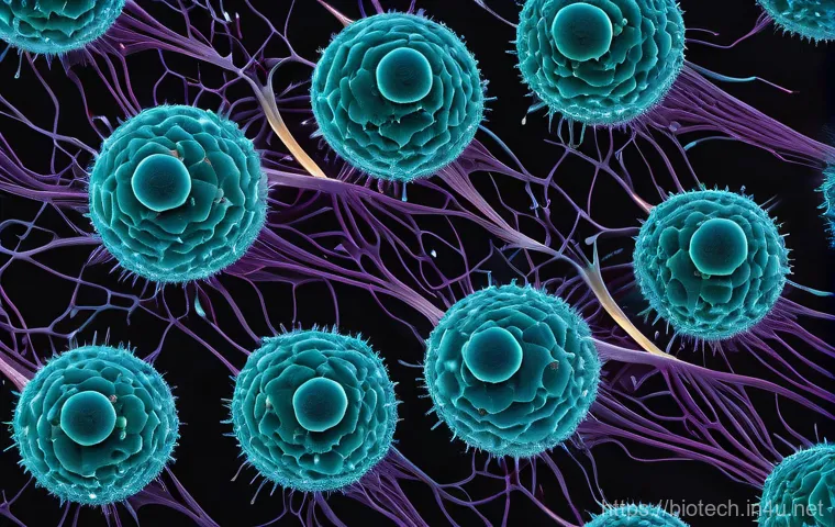 지능형 약물 전달 시스템 - **Prompt:** A highly detailed, microscopic view of a vibrant biological landscape. Numerous glowing,...