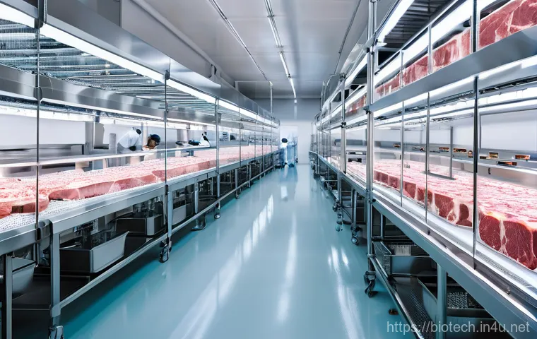 배양육 생산 기술 - **Prompt 2: Sustainable Future of Food: Lab and Plate Harmony**
    A vibrant, split-scene illustrat...