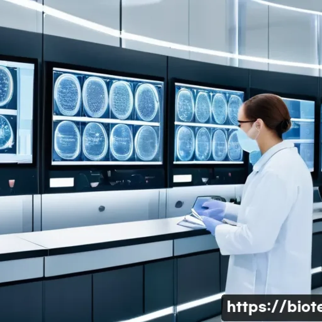 혈액 검사 기술 - A brightly lit, modern hospital laboratory filled with advanced automated equipment analyzing blood ...