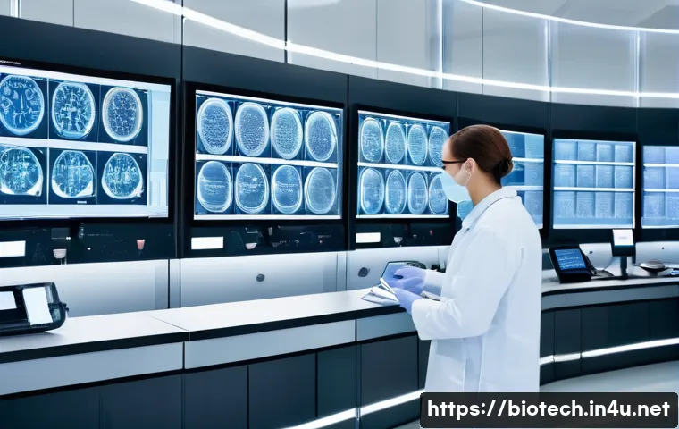 혈액 검사 기술 - A brightly lit, modern hospital laboratory filled with advanced automated equipment analyzing blood ...