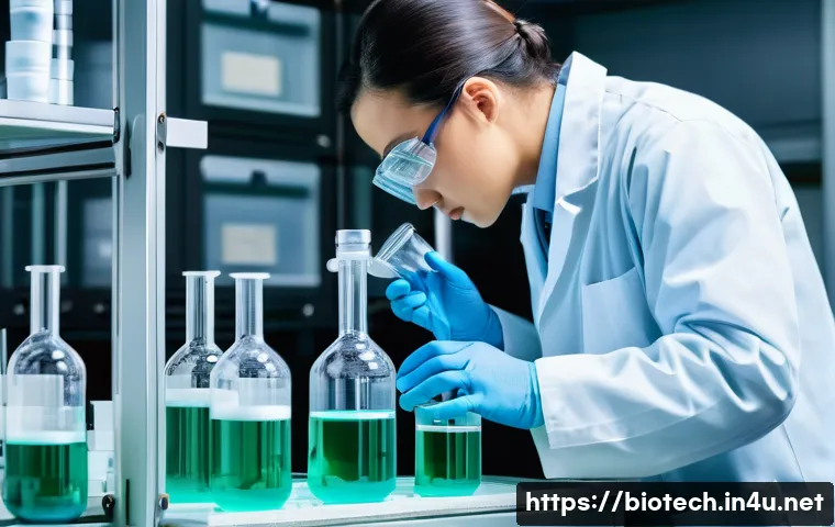 제약 회사와 바이오 회사 차이 - A professional pharmaceutical chemist, wearing a white lab coat and safety glasses, meticulously wor...