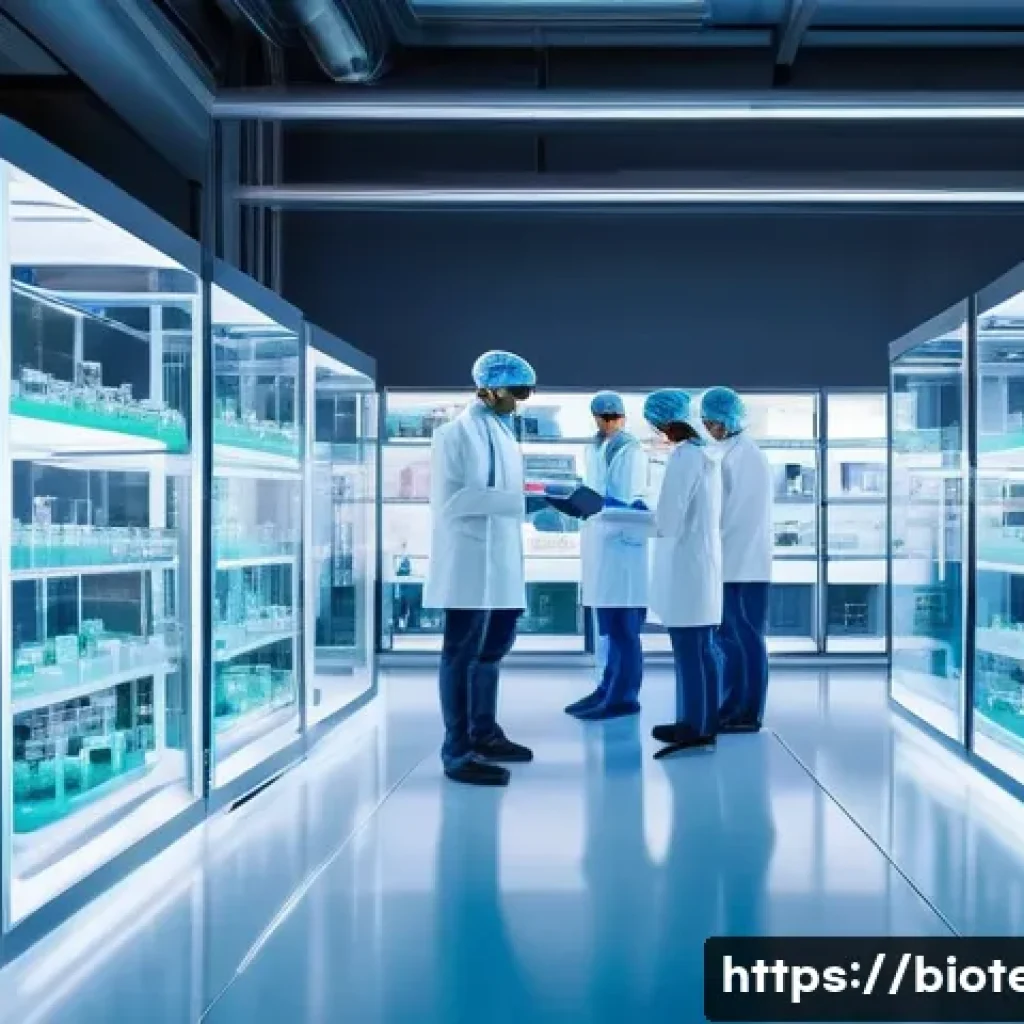 산업용 미생물 - A high-tech industrial microbiology laboratory featuring advanced bioreactors with glowing digital s...