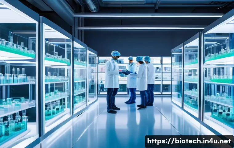 산업용 미생물 - A high-tech industrial microbiology laboratory featuring advanced bioreactors with glowing digital s...