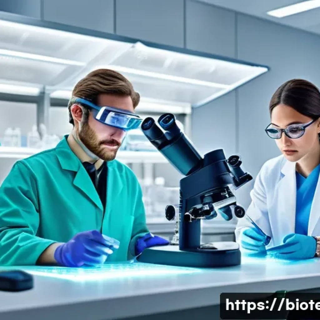 바이오안전성 - A modern biotechnology laboratory scene showing diverse scientists in protective lab coats and safet...