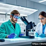 Home 22 바이오안전성 - A modern biotechnology laboratory scene showing diverse scientists in protective lab coats and safet...