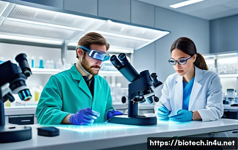 바이오안전성 - A modern biotechnology laboratory scene showing diverse scientists in protective lab coats and safet...