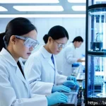 발효 기술 - A futuristic biotechnology laboratory scene showing scientists wearing lab coats and safety glasses,...