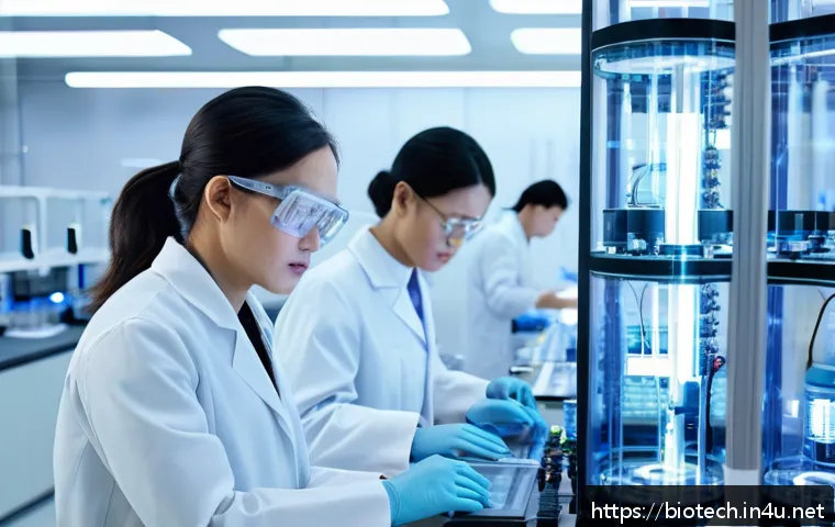 발효 기술 - A futuristic biotechnology laboratory scene showing scientists wearing lab coats and safety glasses,...