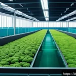 친환경 바이오 연료 - A vibrant, detailed scene of a futuristic biomass energy facility showcasing diverse biofuel sources...