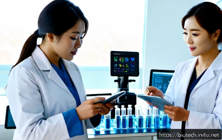 바이오 의약품 시장 전망 - Photorealistic biotechnology market outlook concept, diverse pharmaceutical researchers in clean lab...