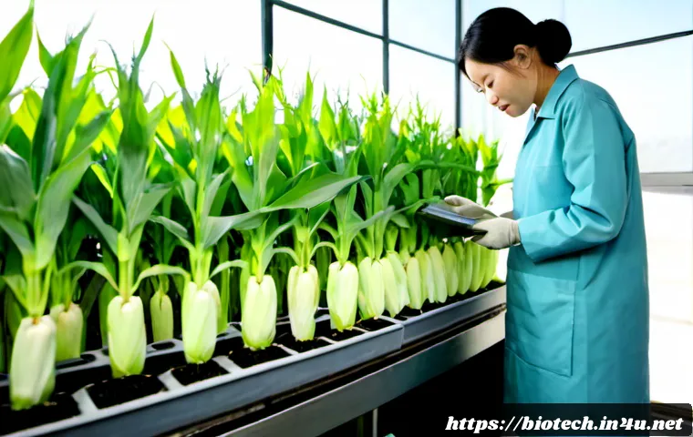 유전자 변형 농작물 - Photorealistic agricultural research scene, a mature scientist in a clean greenhouse gently examinin...