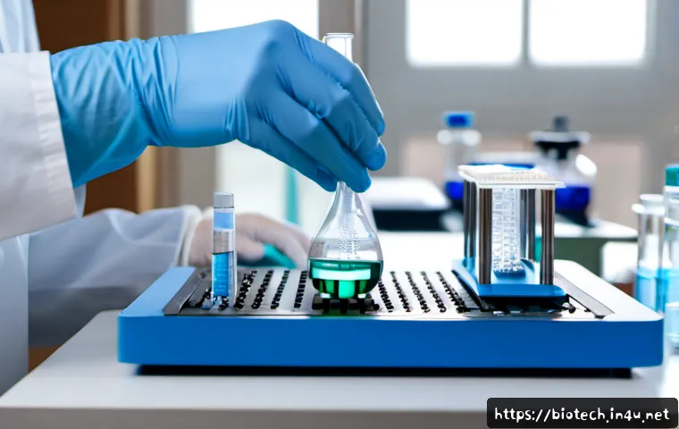 올리고핵산 기술 - Photorealistic biotechnology laboratory scene focused on oligonucleotide synthesis technology, a glo...