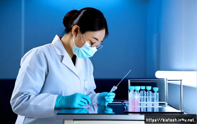 RNA 치료법 - Photorealistic biomedical laboratory scene showing a focused female scientist in clean protective ge...