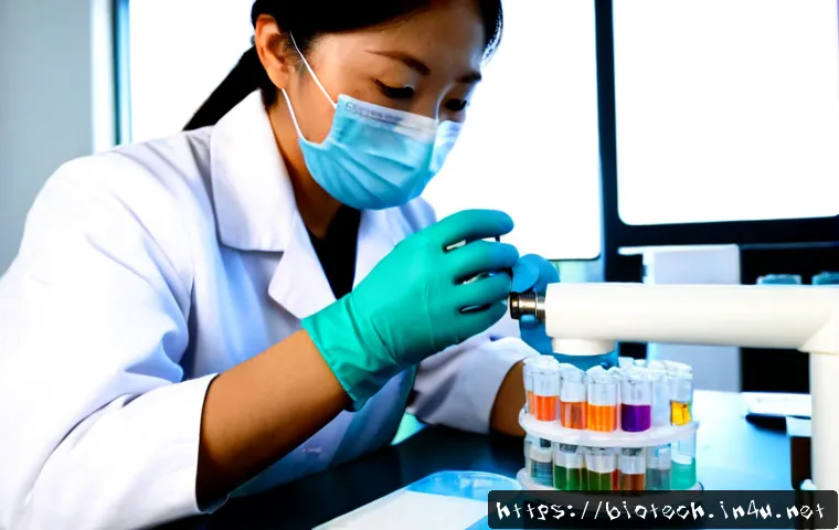 미생물 기반 치료 - Photorealistic modern biomedical laboratory, a female scientist in clean lab coat and protective glo...