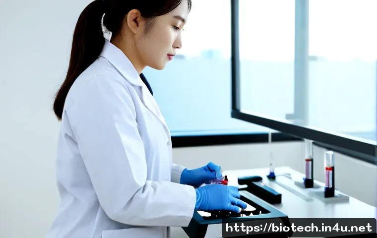 바이오마커 - Photorealistic clinical laboratory scene, a female scientist in a clean white lab coat and protectiv...