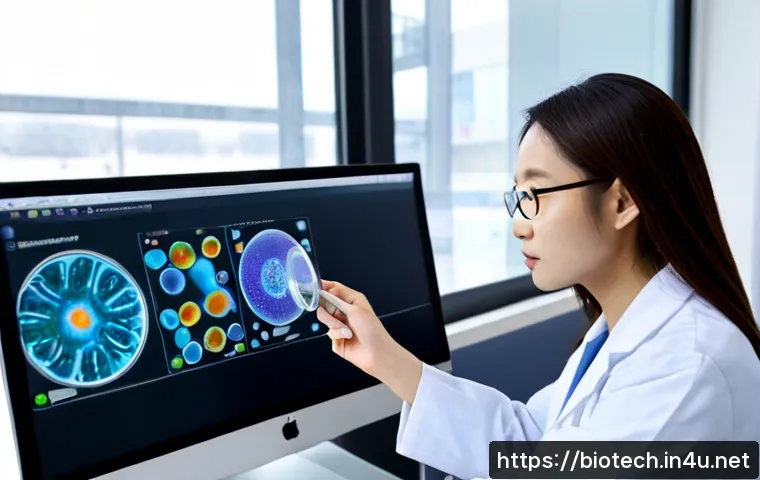 Home 17 기계학습과 바이오 - Photorealistic biomedical research laboratory, diverse scientist in a clean white lab coat examining...