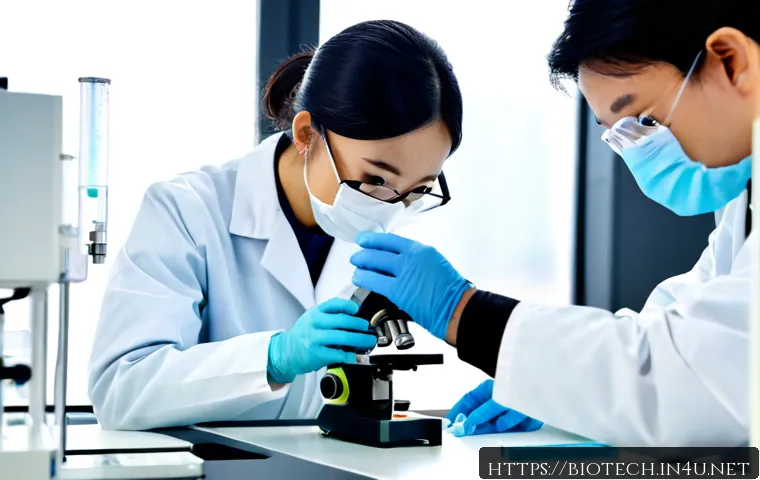 Home 17 단백질 기반 백신 - Photorealistic biomedical laboratory scene showing a scientist in clean protective coat, gloves, and...