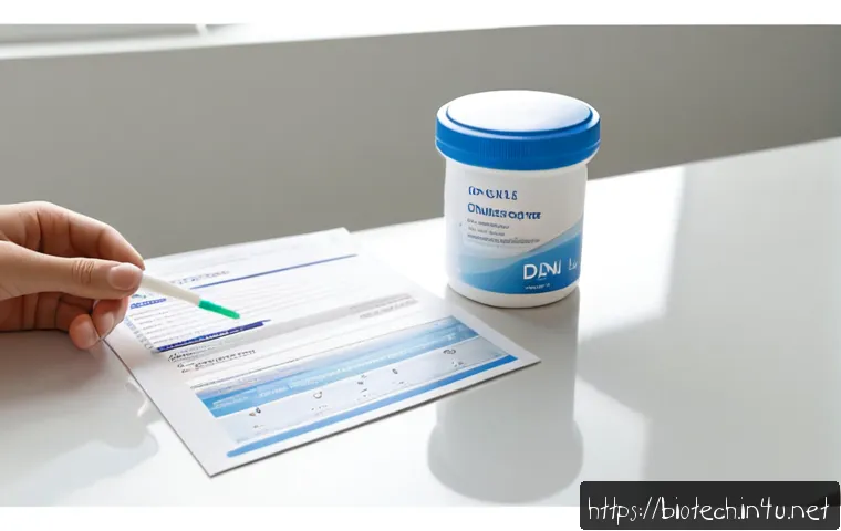 DNA 분석 키트 - Photorealistic home DNA analysis kit arranged neatly on a clean white bathroom counter, unbranded sa...